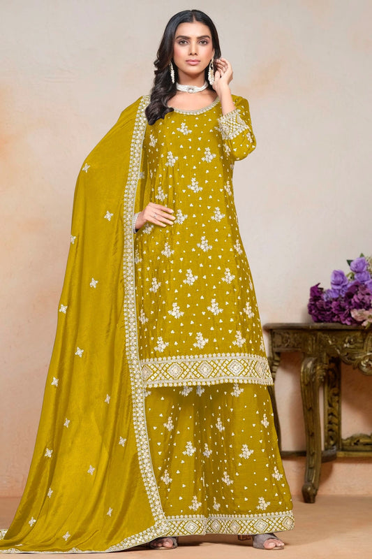 Mustard Colour Chinon Semi Stitched Palazzo Pant Suit SM1050629