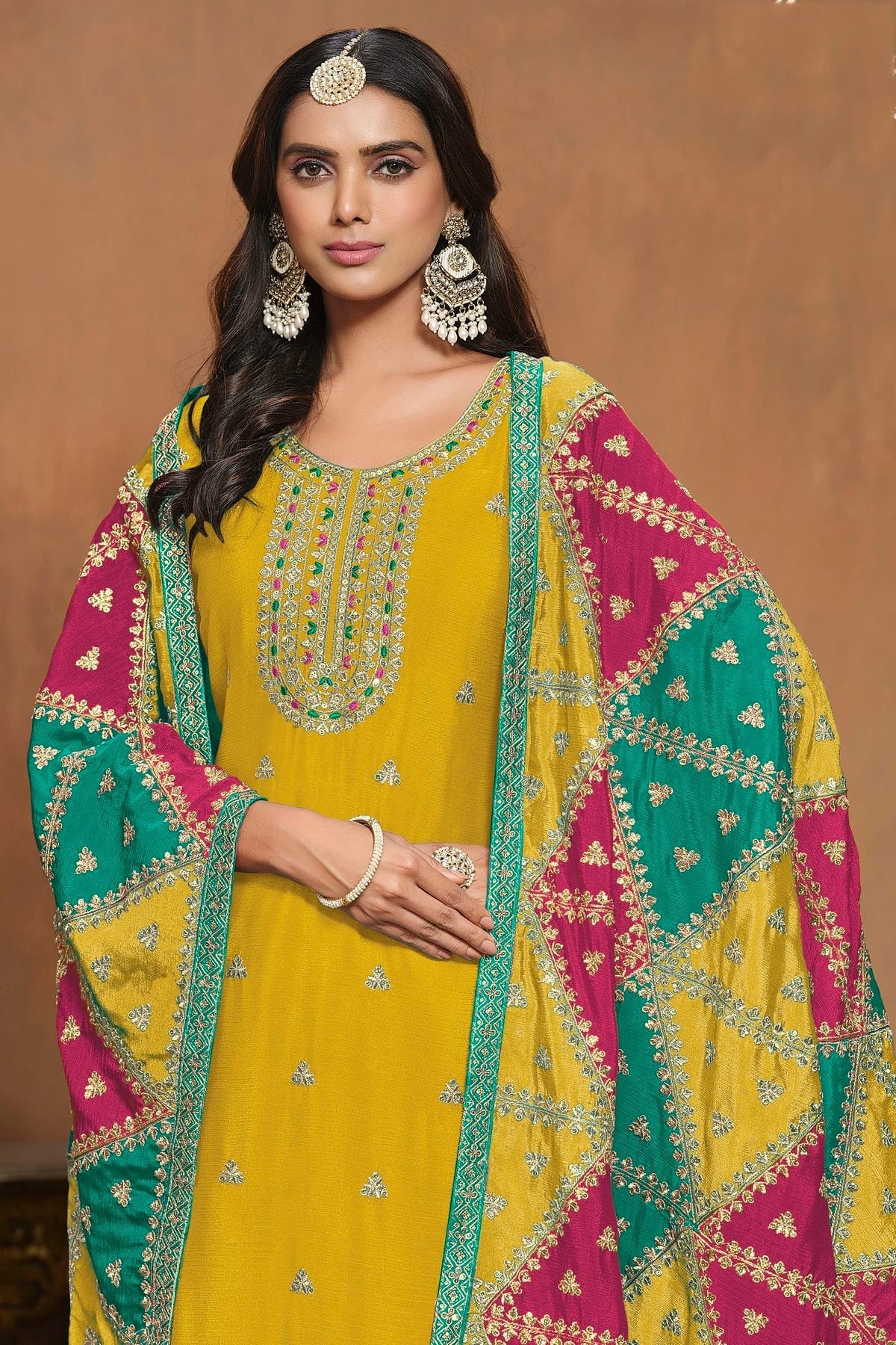 Mustard Colour Chinon Semi Stitched Pant Style Suit SM1050595 A