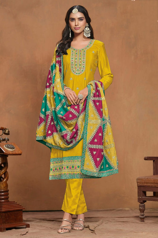 Mustard Colour Chinon Semi Stitched Pant Style Suit SM1050595