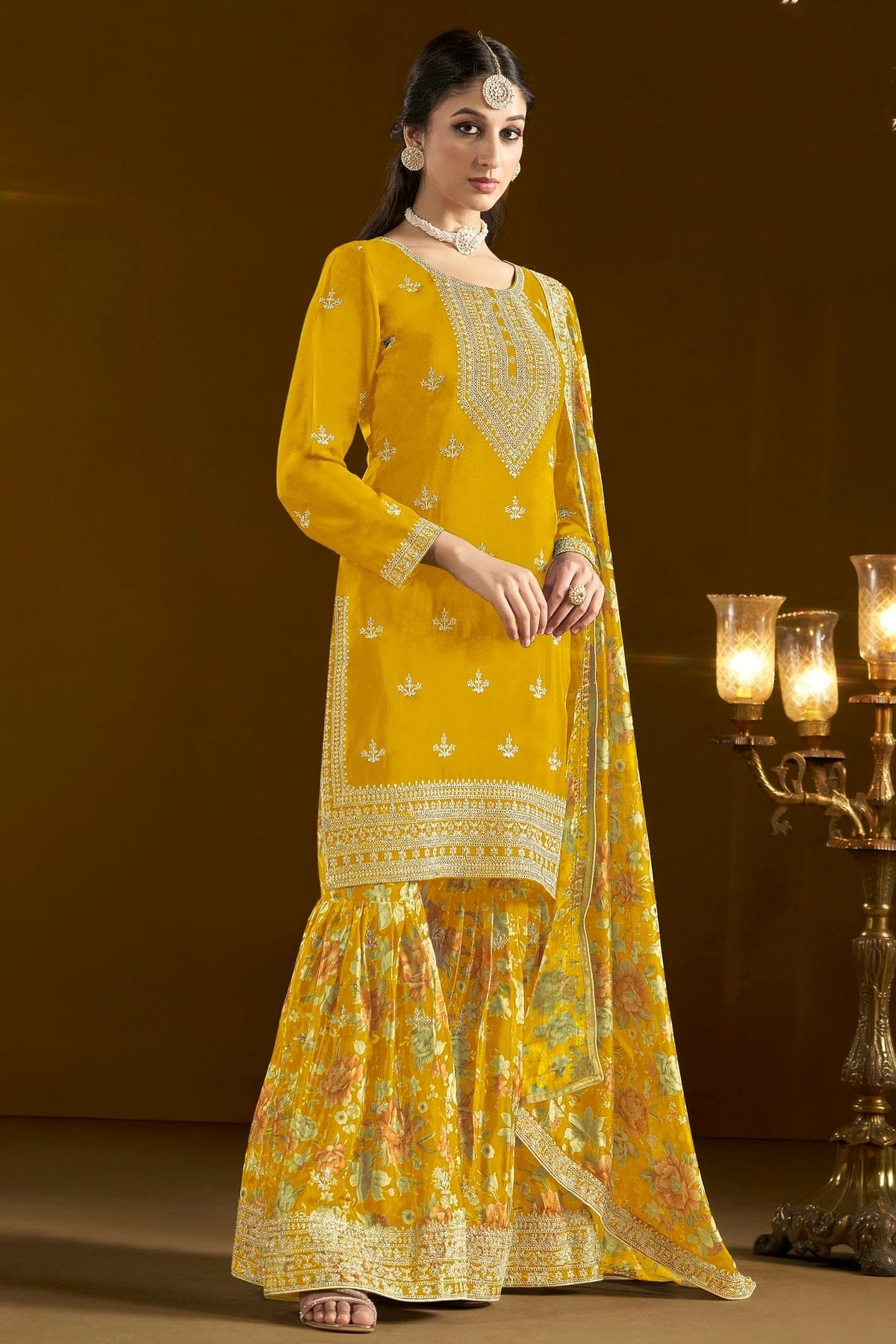 Mustard Colour Chinon Semi Stitched Sharara Suit SM1050653 A