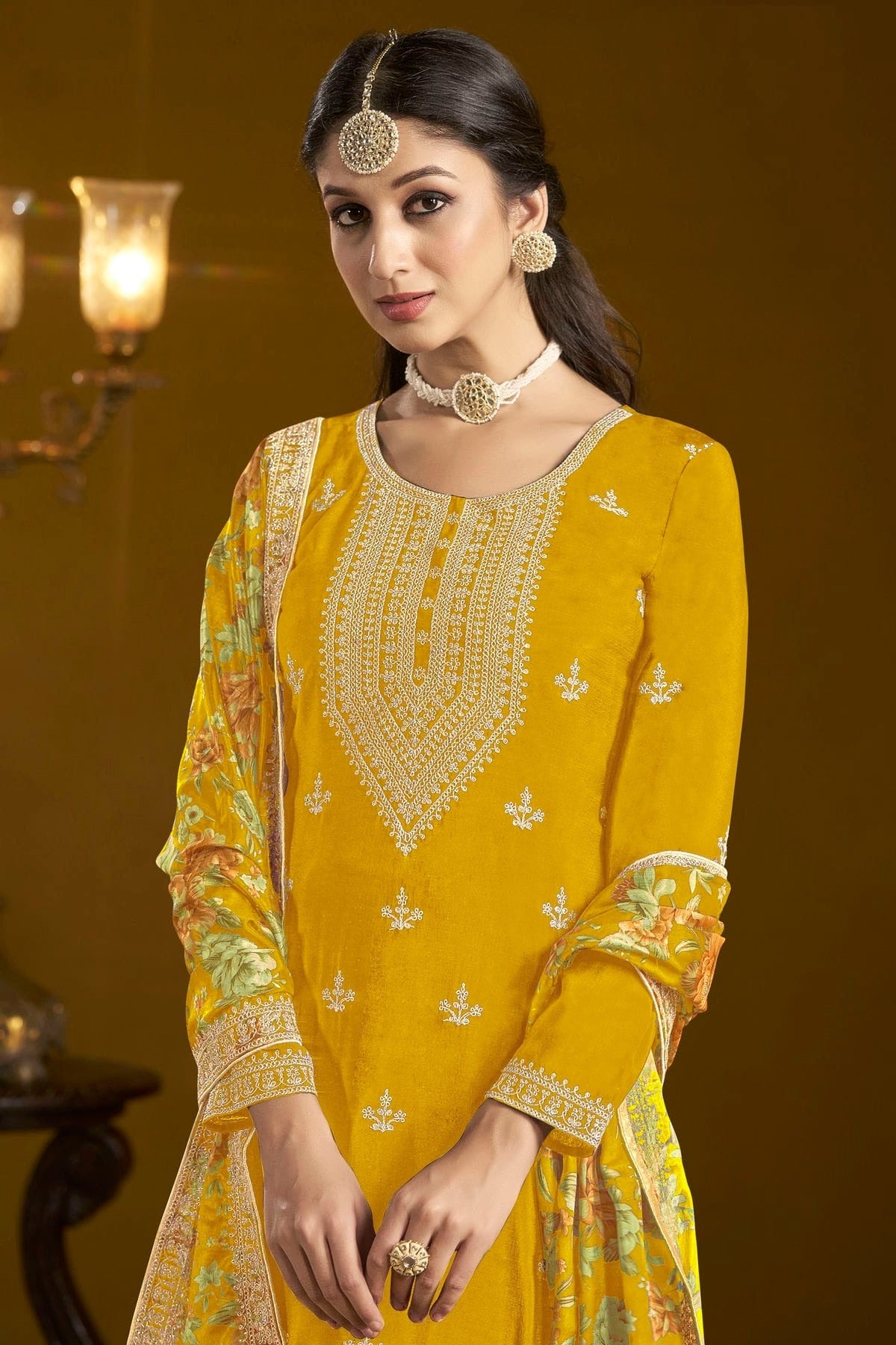 Mustard Colour Chinon Semi Stitched Sharara Suit SM1050653 B