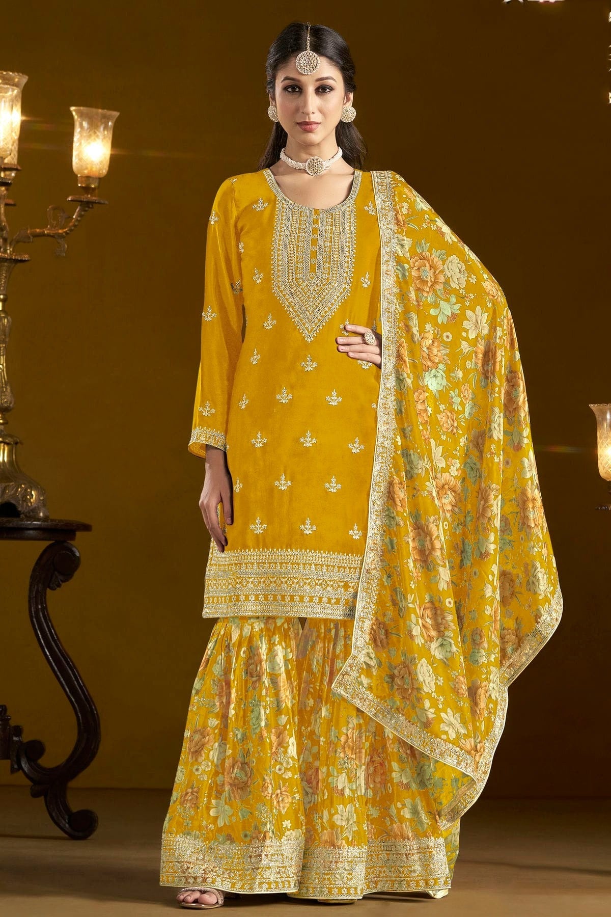 Mustard Colour Chinon Semi Stitched Sharara Suit SM1050653