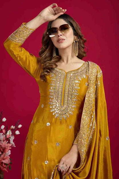 Mustard Colour Chinon Silk Stitched Sharara Suit SS1140771 A