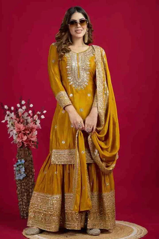 Mustard Colour Chinon Silk Stitched Sharara Suit SS1140771