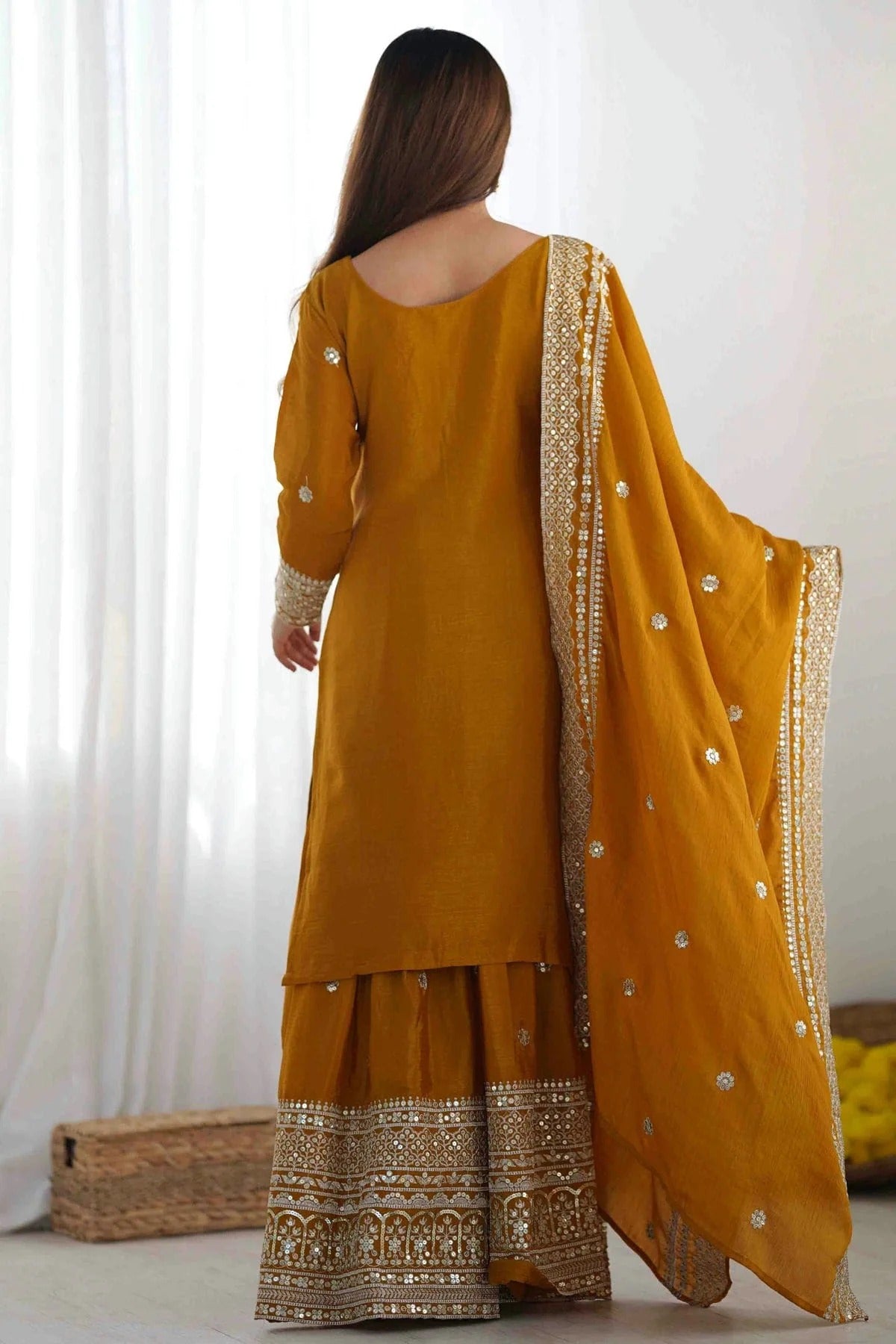 Mustard Colour Chinon Silk Stitched Suit SS1112997 A