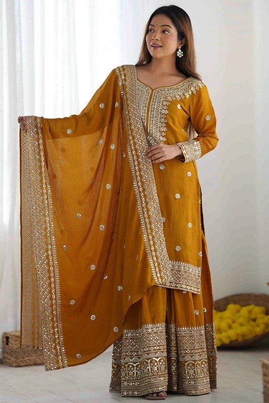 Mustard Colour Chinon Silk Stitched Suit SS1112997