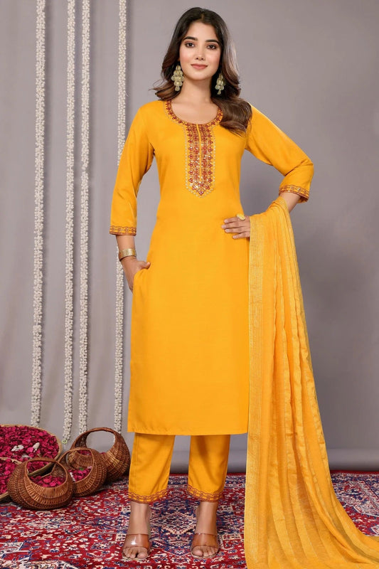 Mustard Colour Cotton Blend Stitched Suit SS1112293