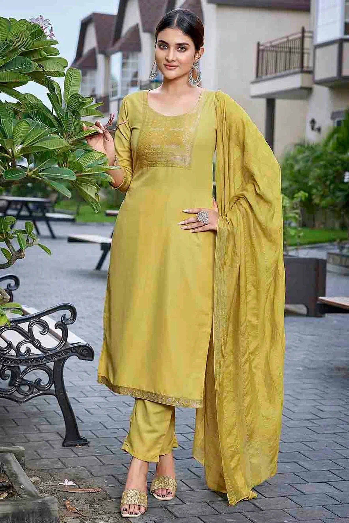 Mustard Colour Cotton Blend Stitched Suit SS1112984
