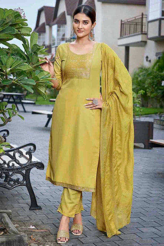 Mustard Colour Cotton Blend Stitched Suit SS1112984