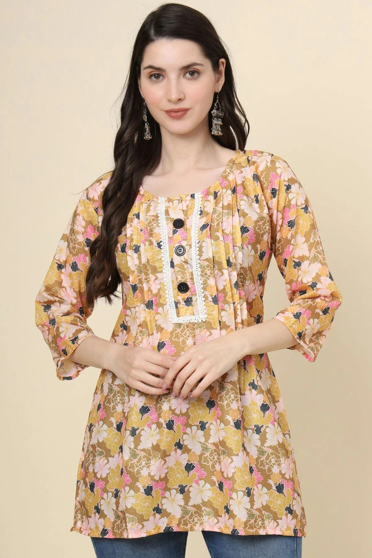 Mustard Colour Cotton Printed Work Readymade Top TP1110782