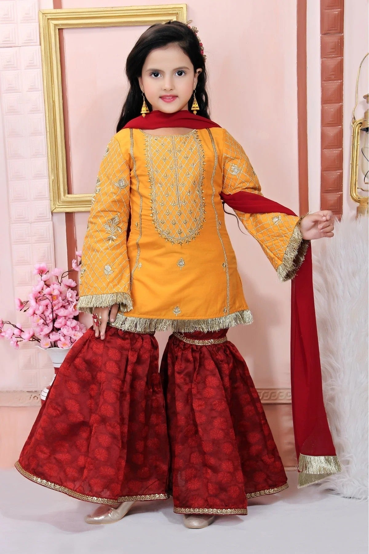 Mustard Colour Cotton Silk Embroidery Sharara Suit GW1070030
