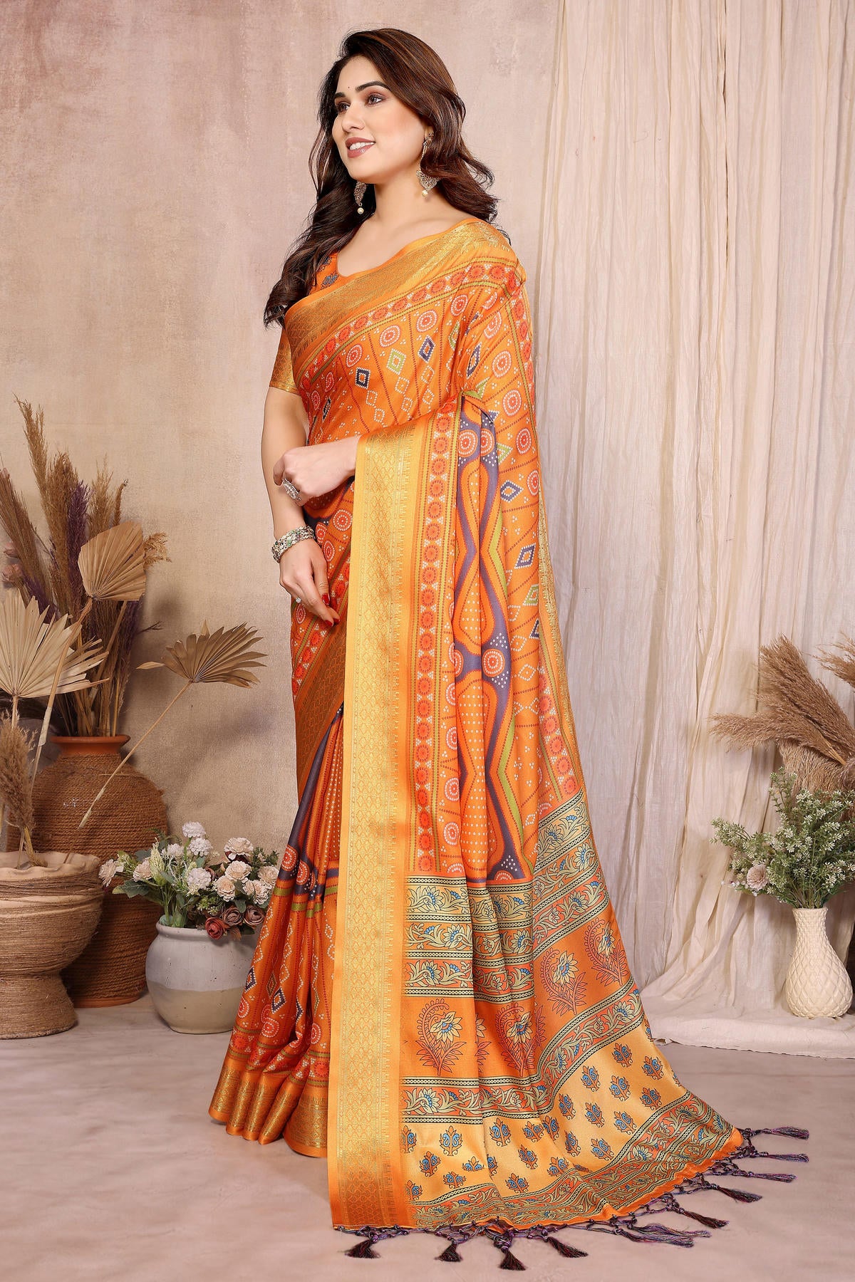 Mustard Colour Cotton Silk Printed Saree