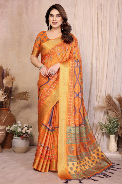Mustard Colour Cotton Silk Printed Saree