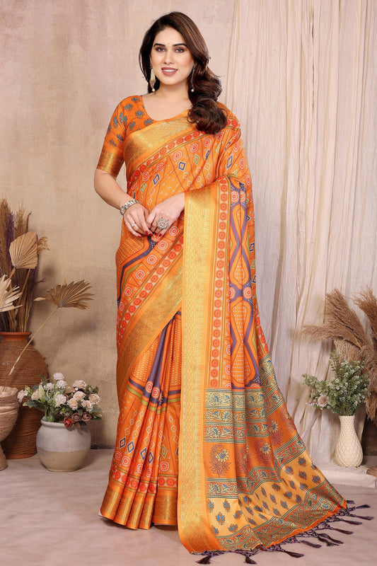 Mustard Colour Cotton Silk Printed Saree