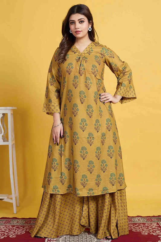 Mustard Colour Cotton Stitched Palazzo Pant Suit SS1140961