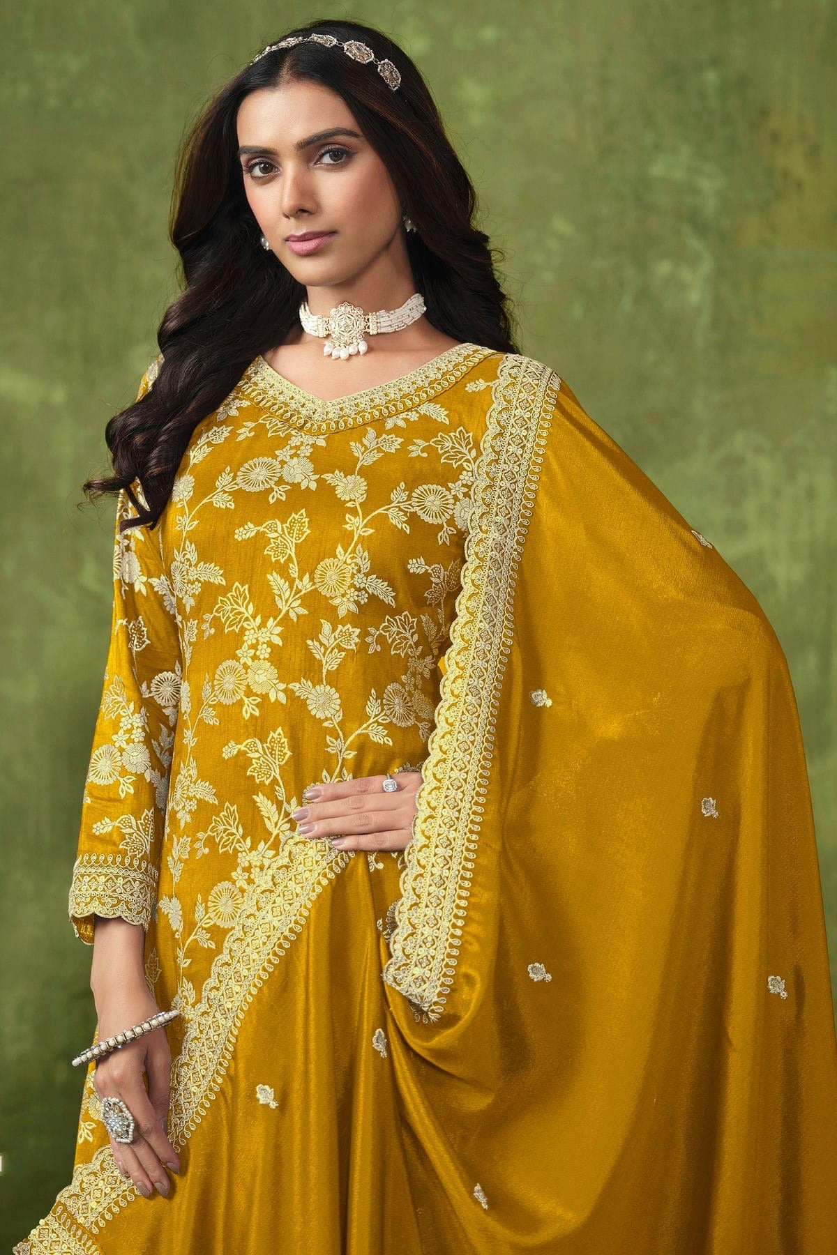 Mustard Colour Dola Silk Jacquard Palazzo Pant Suit SM1050576 A