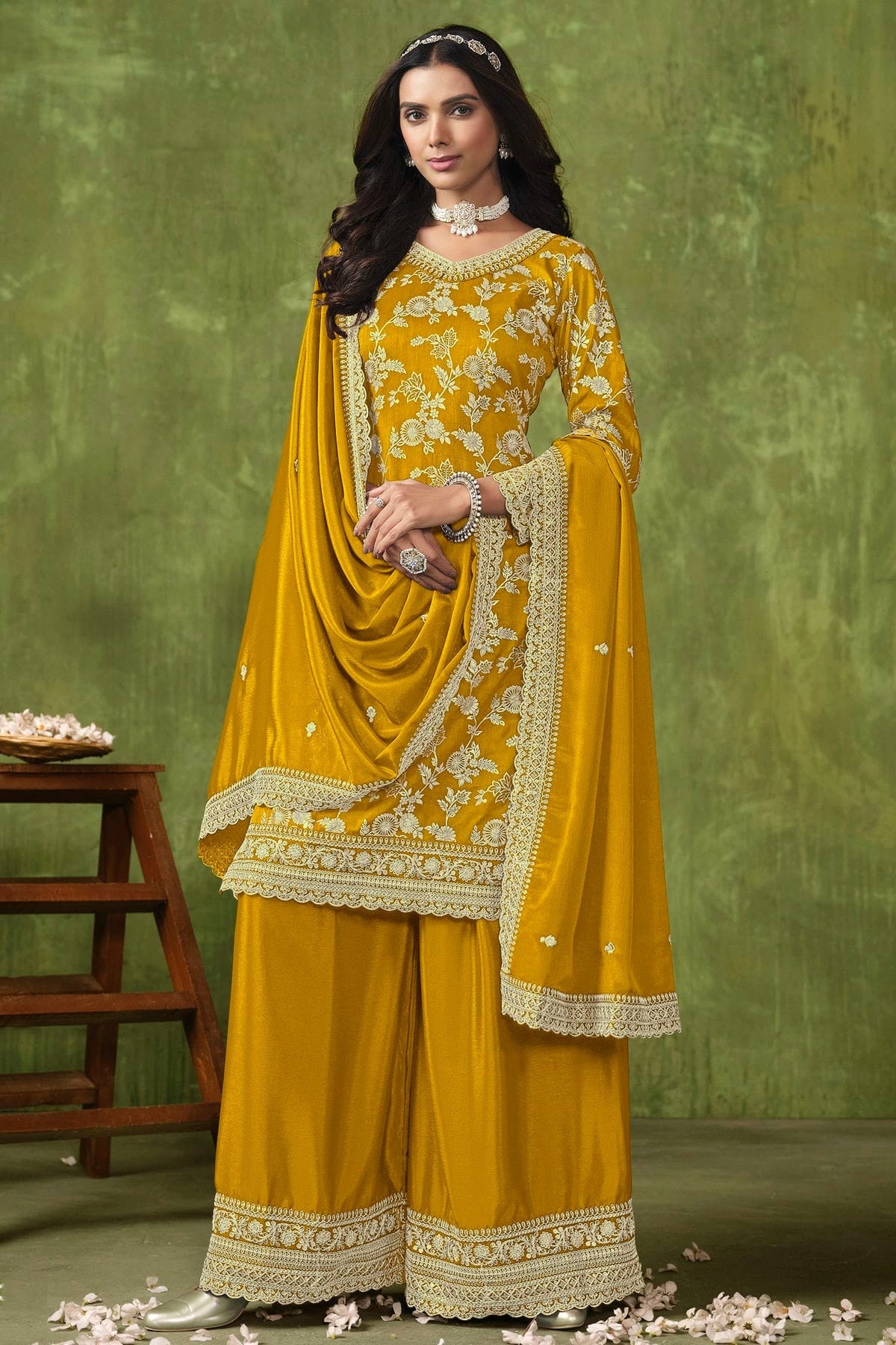 Mustard Colour Dola Silk Jacquard Palazzo Pant Suit SM1050576