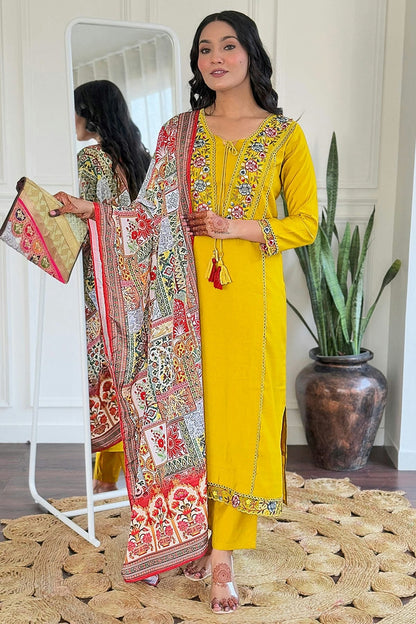 Mustard Colour Embroidery Viscose Stitched Suit SS1112454