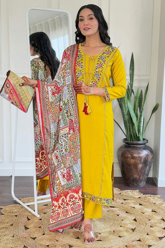 Mustard Colour Embroidery Viscose Stitched Suit SS1112454