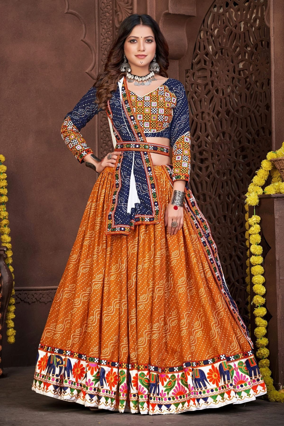 Mustard Colour Embroidery Work Cotton Silk Navratri Lehenga LD1170009
