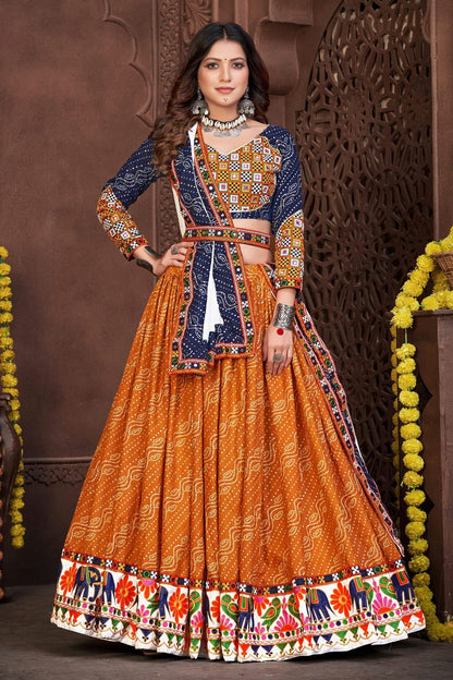 Mustard Colour Embroidery Work Cotton Silk Navratri Lehenga LD1170009