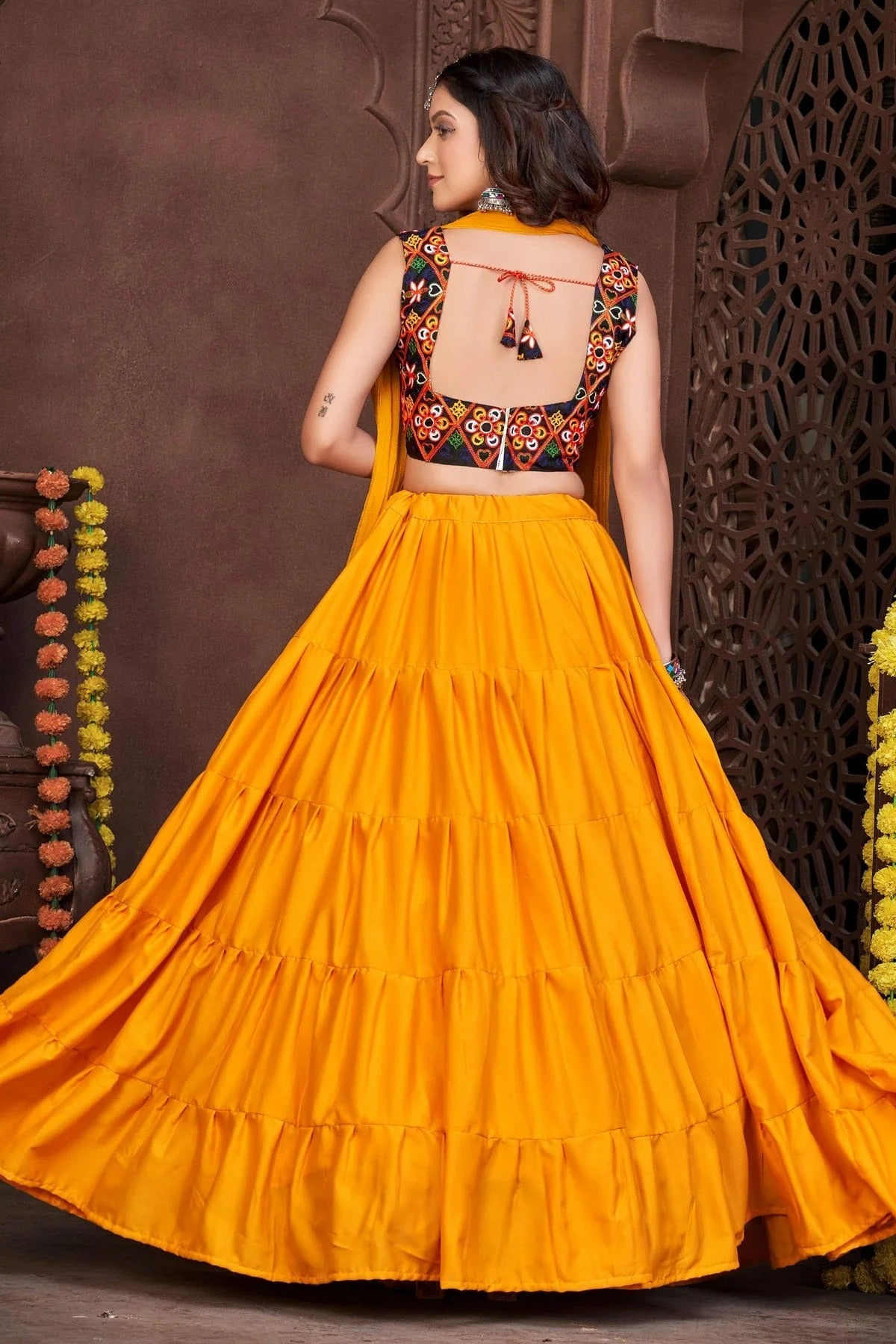 Mustard Colour Embroidery Work French Crepe Navratri Lehenga LD1170003 A