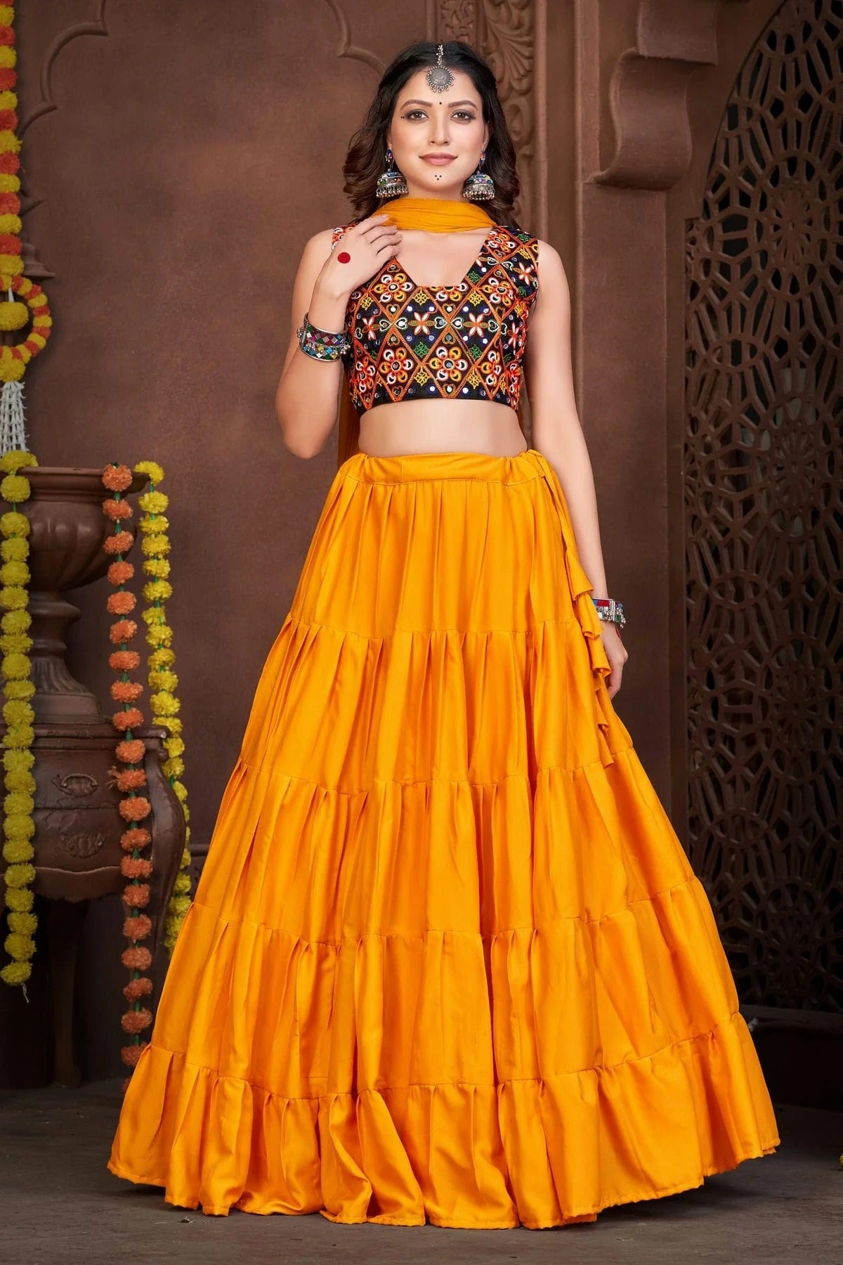 Mustard Colour Embroidery Work French Crepe Navratri Lehenga LD1170003