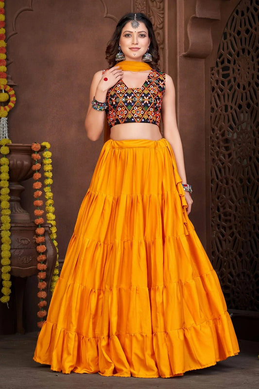 Mustard Colour Embroidery Work French Crepe Navratri Lehenga LD1170003