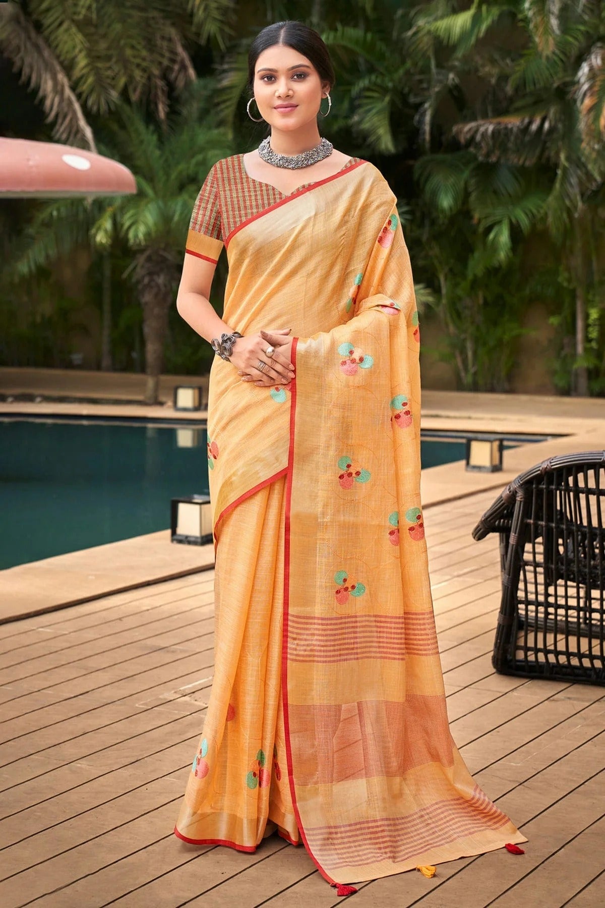 Mustard Colour Embroidery Work Linen Saree SD1101531