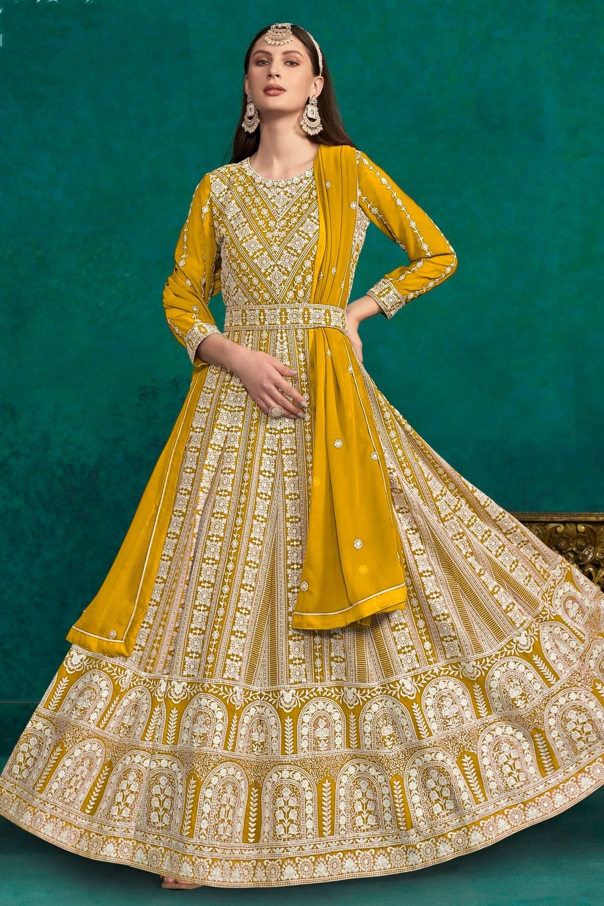 Mustard Colour Faux Georgette Anarkali Suit SM1050544