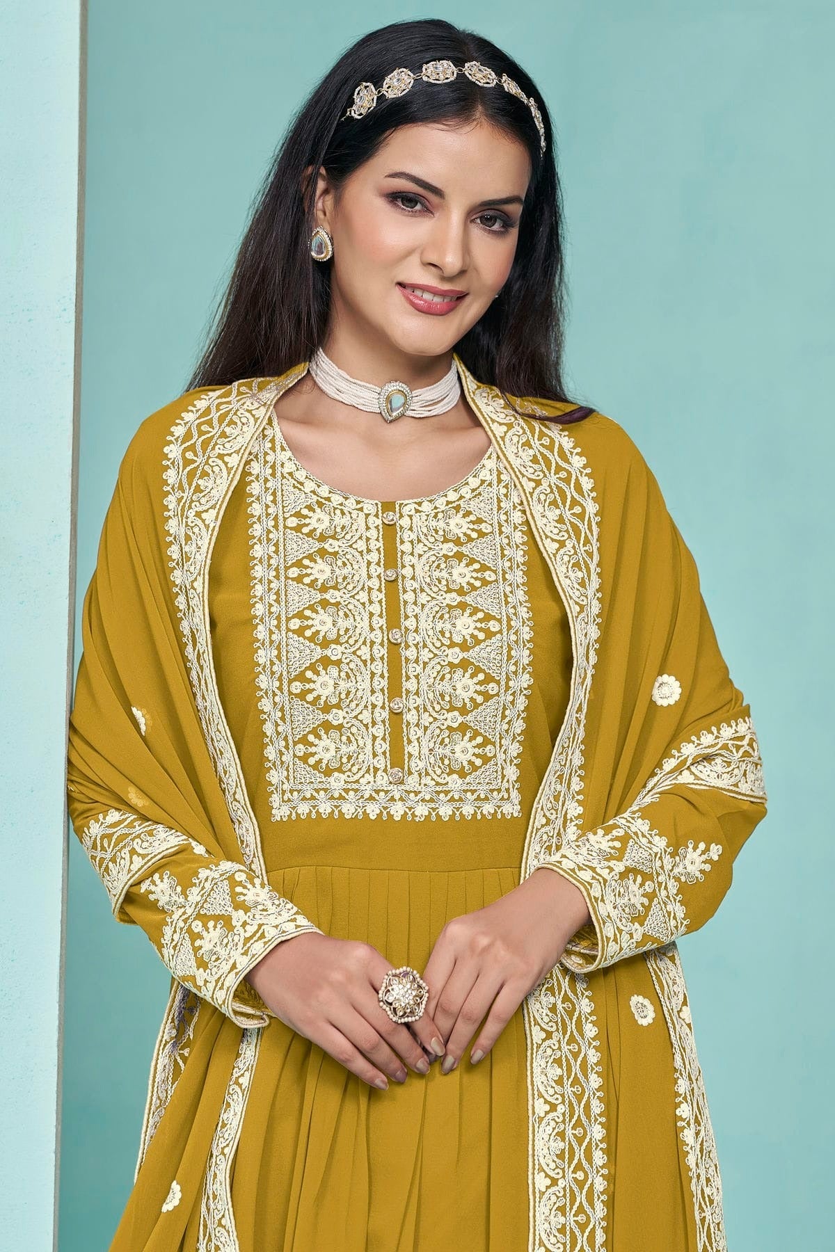 Mustard Colour Faux Georgette Palazzo Pant Suit SM1050560 A
