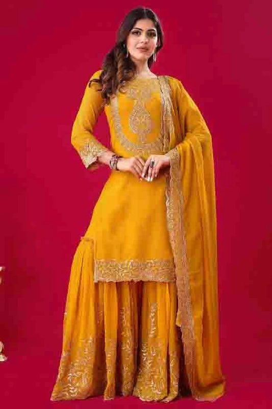 Mustard Colour Faux Georgette Stitched Sharara Suit SS1140947