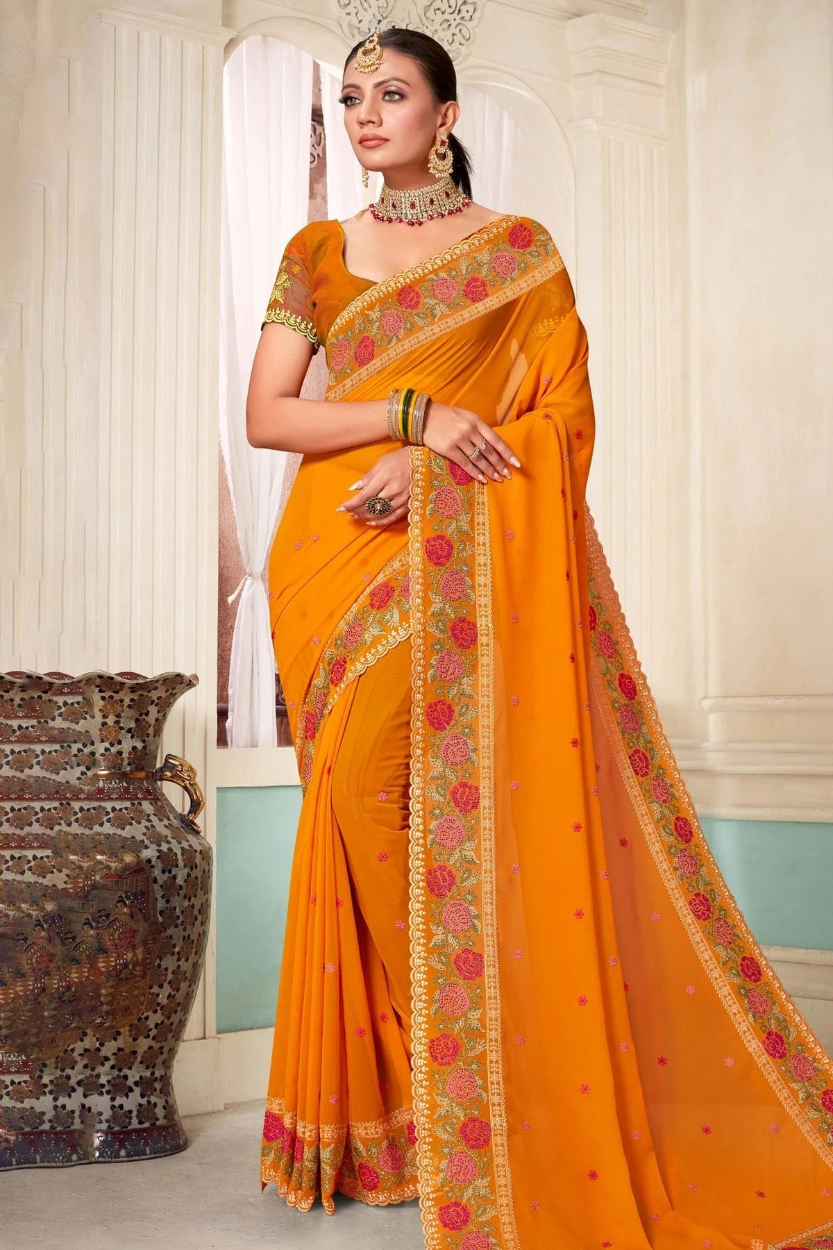 Mustard Colour Georgette Designer Saree LC1121487