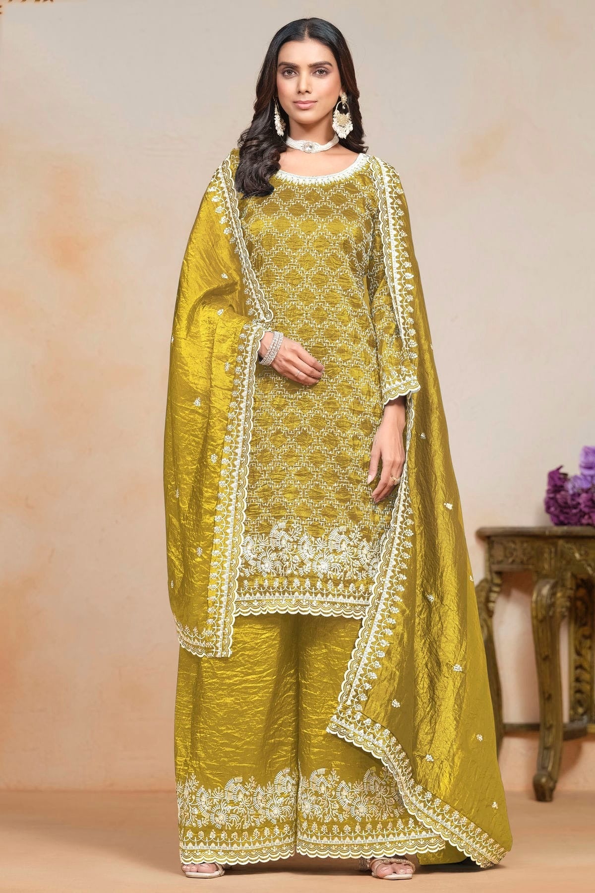 Mustard Colour Gold Crush Semi Stitched Palazzo Pant Suit SM1050613 A
