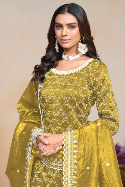 Mustard Colour Gold Crush Semi Stitched Palazzo Pant Suit SM1050613 B