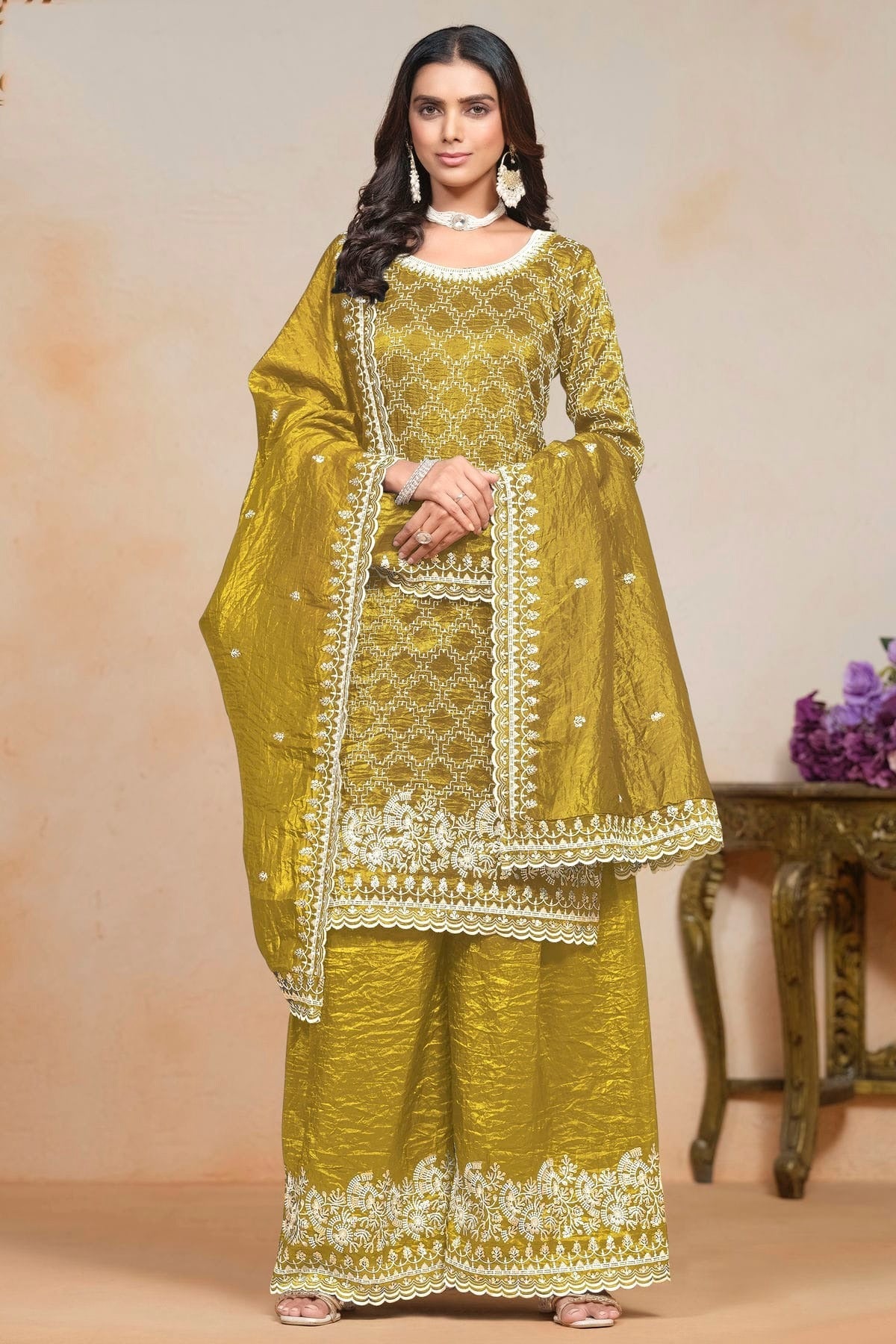 Mustard Colour Gold Crush Semi Stitched Palazzo Pant Suit SM1050613