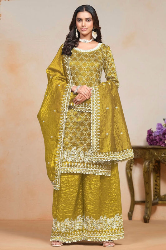 Mustard Colour Gold Crush Semi Stitched Palazzo Pant Suit SM1050613