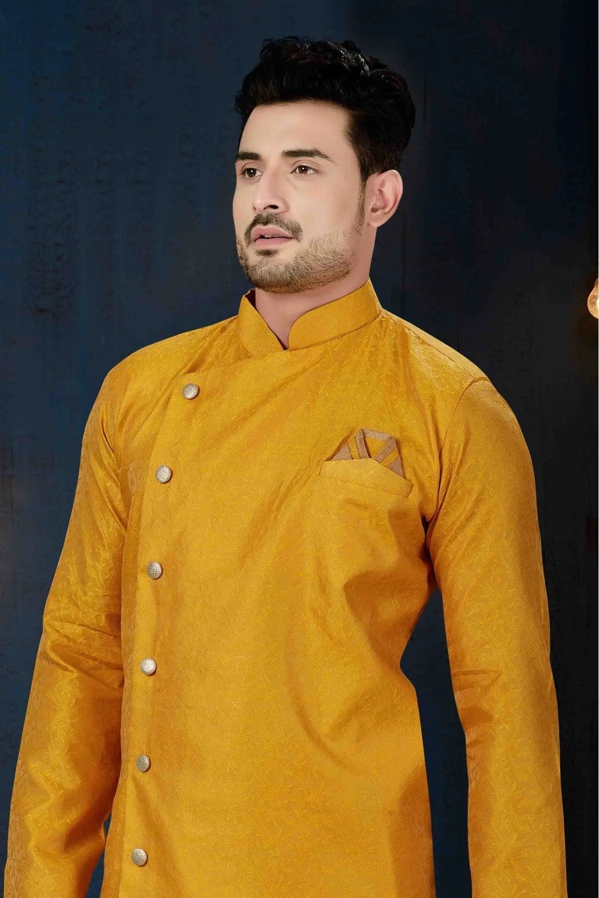 Mustard Colour Jacquard Party Wear Indo Western Sherwani SH1040226 A