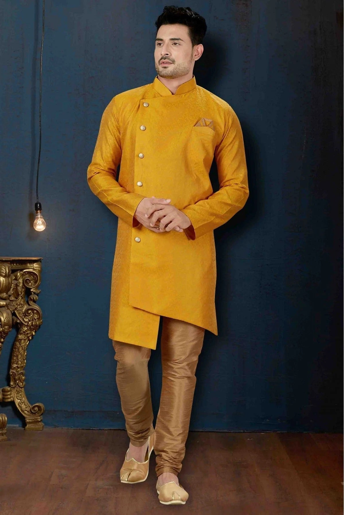 Mustard Colour Jacquard Party Wear Indo Western Sherwani SH1040226