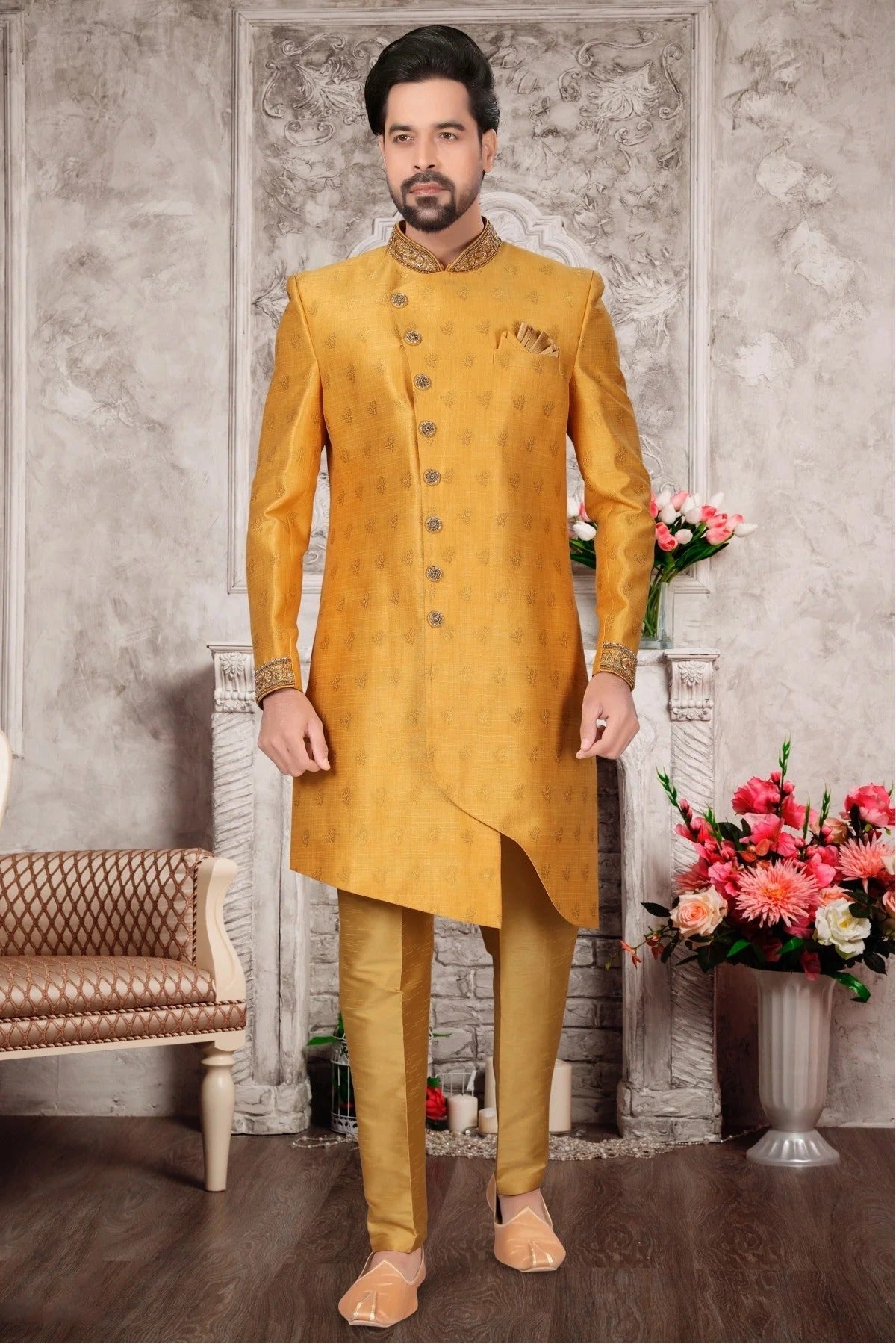 Mustard Colour Jacquard Sherwani SH1040282