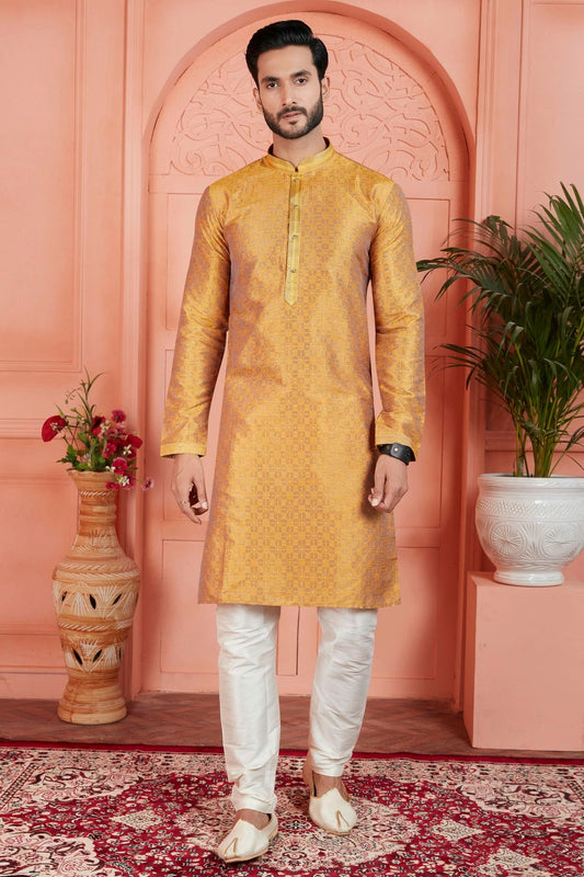 Mustard Colour Jacquard Silk Brocade Kurta Pajama KP1230235