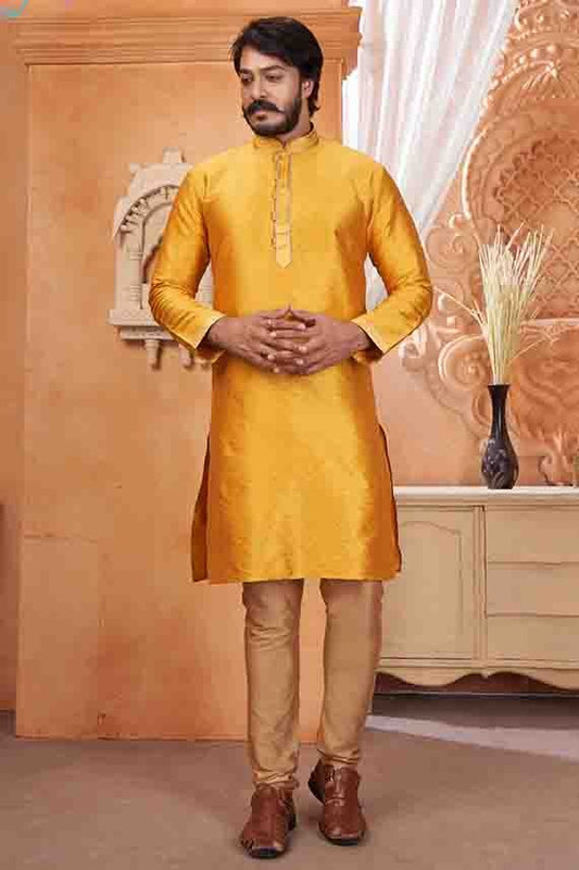 Mustard Colour Kurta Pajama In Jacquard Silk KP1210050