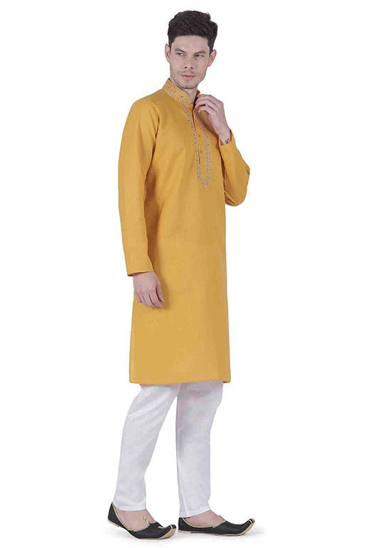 Mustard Colour Kurta Pajama In Linen Texture Cotton KP1210145 A