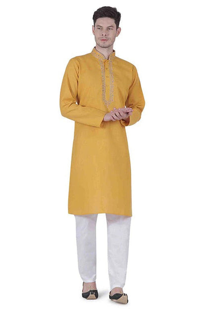 Mustard Colour Kurta Pajama In Linen Texture Cotton KP1210145