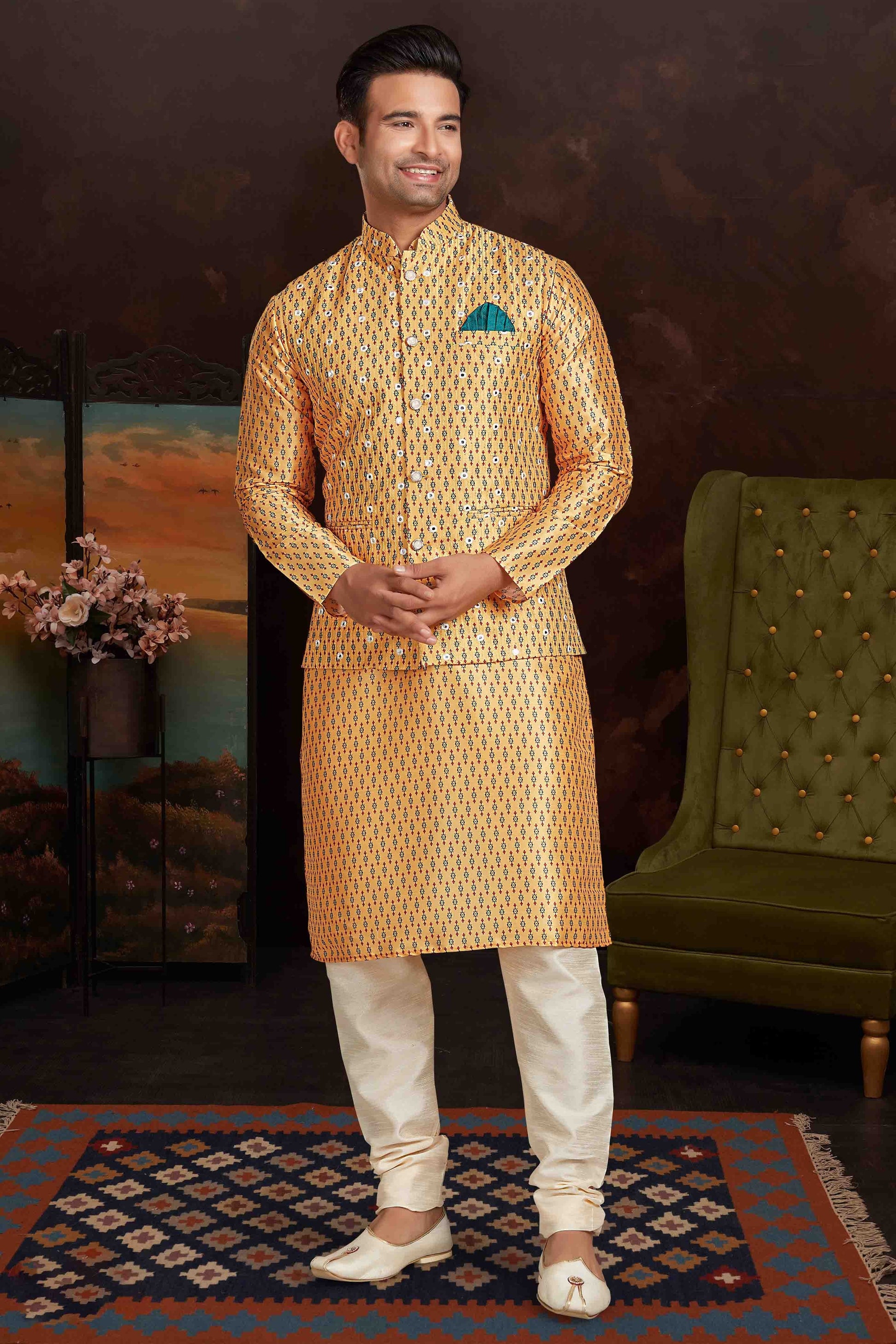 Mustard Colour Kurta Pajama With Jacket In Malai Silk KP1210433 A