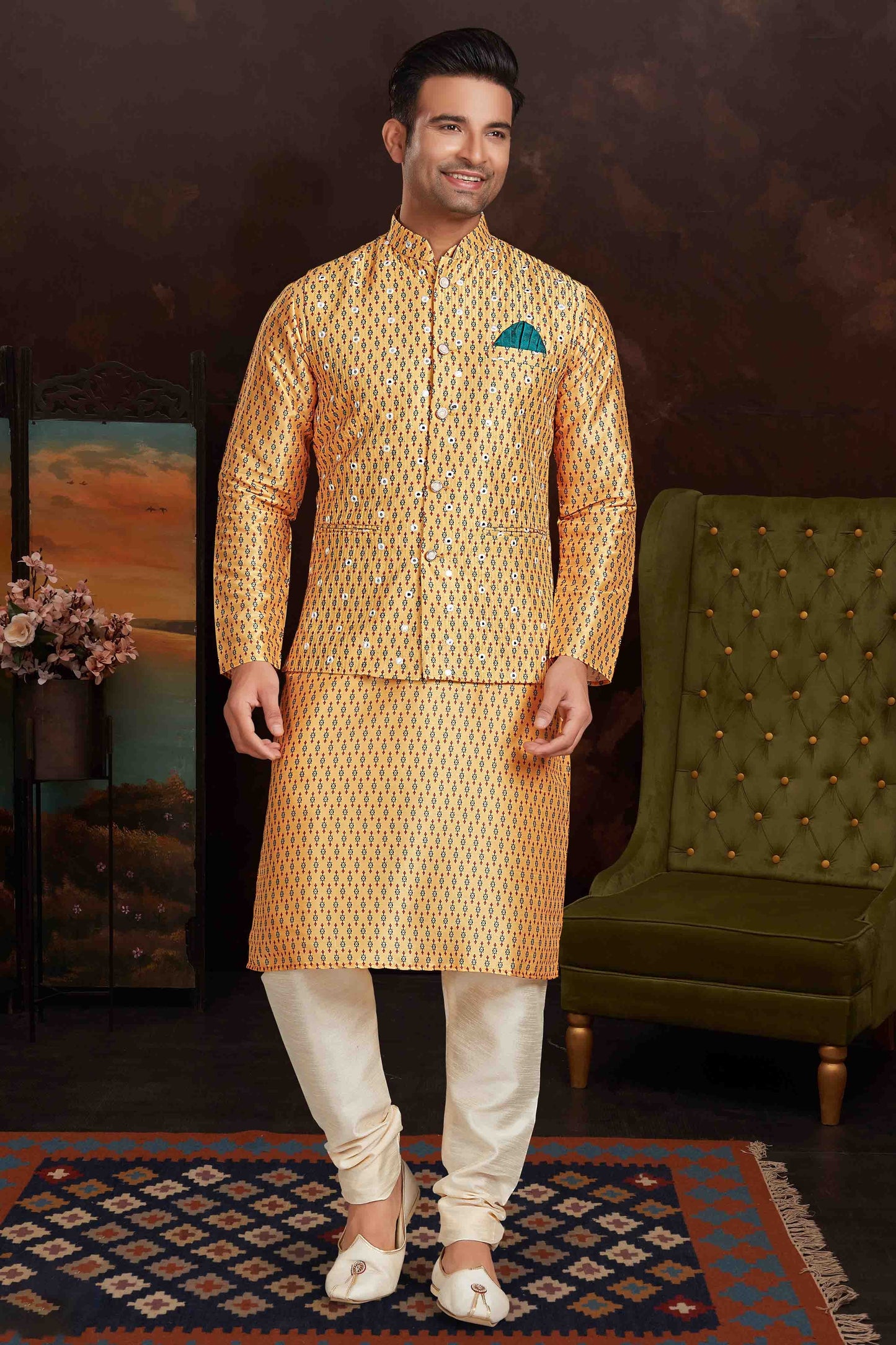 Mustard Colour Kurta Pajama With Jacket In Malai Silk KP1210433