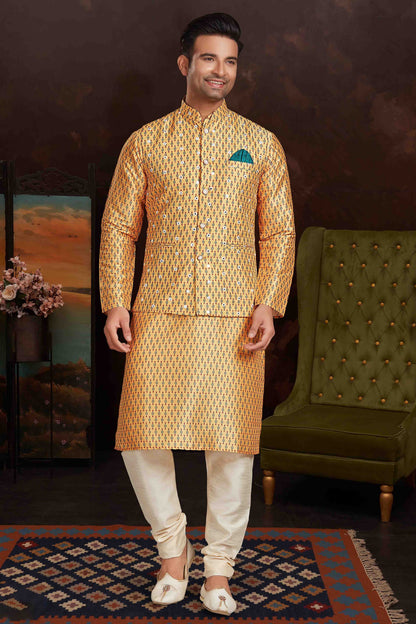 Mustard Colour Kurta Pajama With Jacket In Malai Silk KP1210433