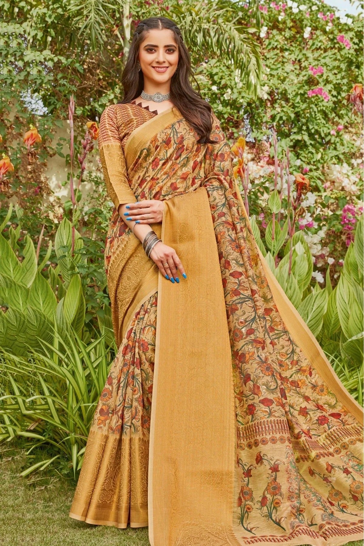 Mustard Colour Linen Printed Saree SD1100894