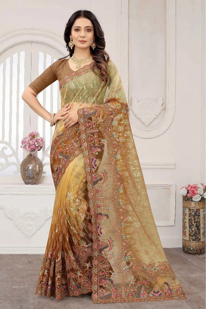 Mustard Colour Net Embroidery Saree SD1120887