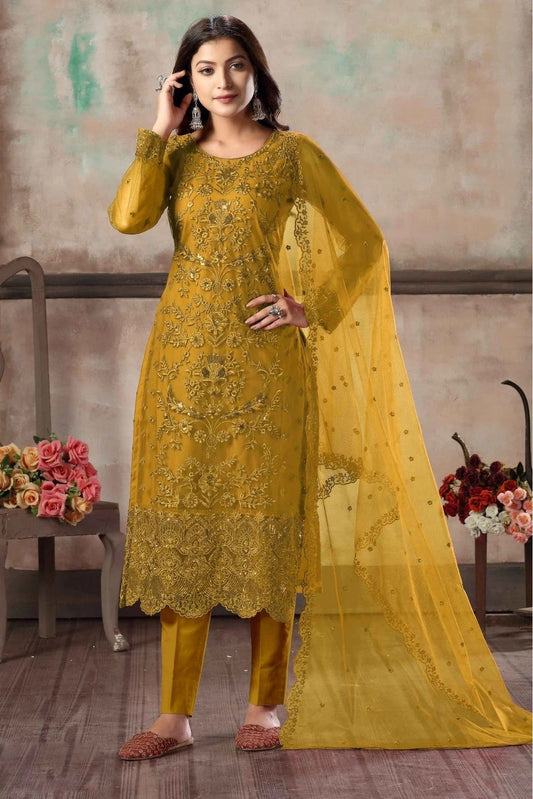 Mustard Colour Net Pant Style Suit SM1050034